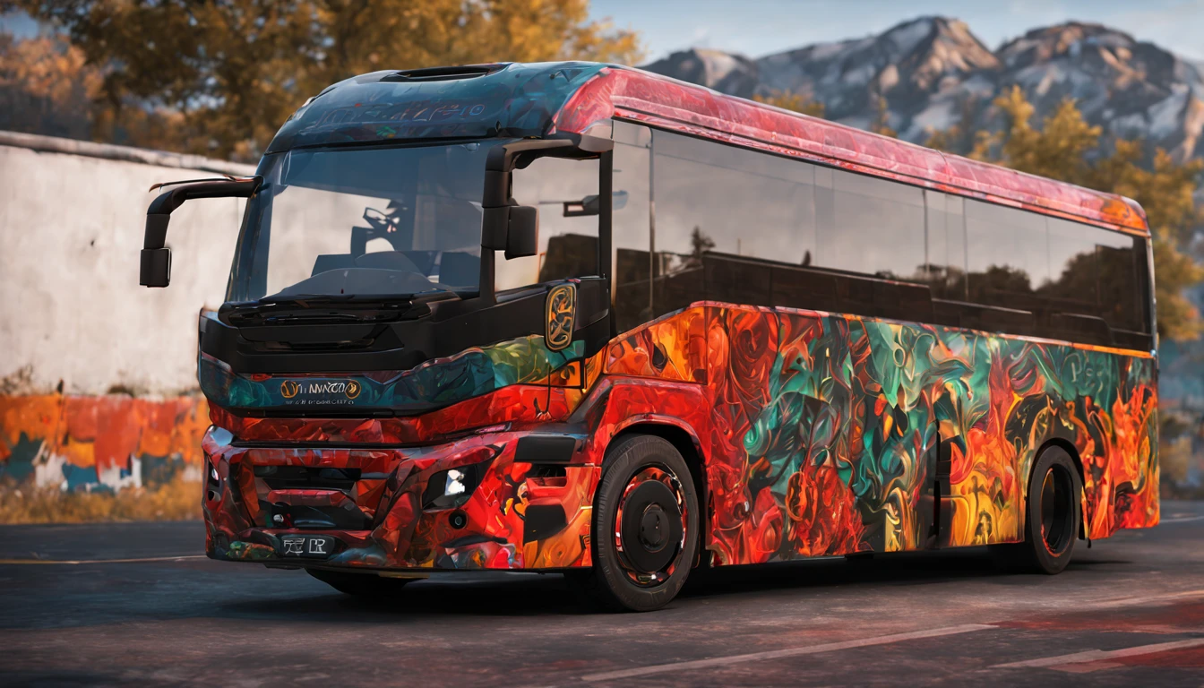 ScaniaP280-B6X2 modified as Long chasis bus with eagle livery, highly detailed symmetrical alloy wheels, neon ambiance, abstract black oil, gear mecha, detailed acrylic, grunge, intricate complexity, rendered in unreal engine, photorealistic detailed matte painting, deep color, fantastical, intricate detail, splash screen, complementary colors, fantasy concept art, 8k resolution trending on Artstation Unreal Engine 5