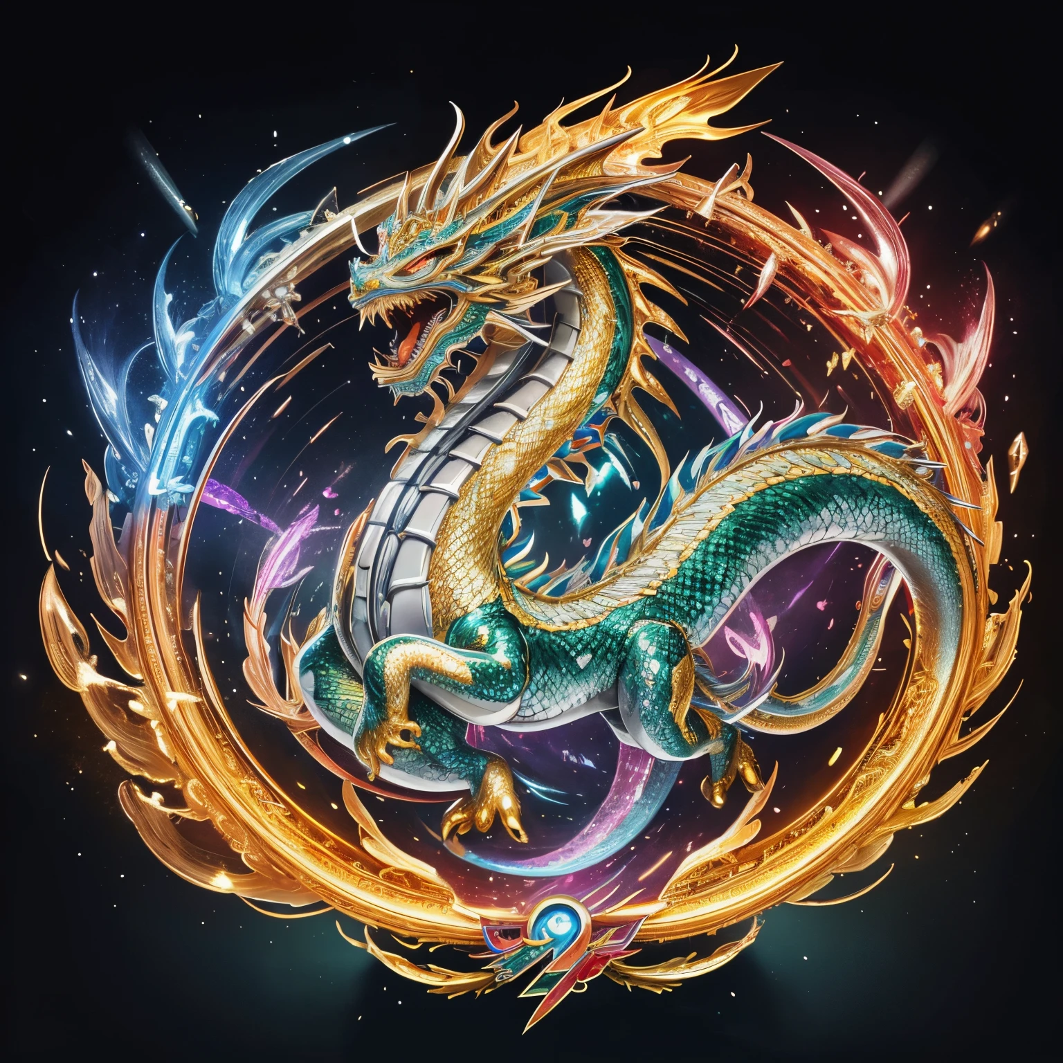 super high quality, 8k, RAW photo, realistic, detailed and delicate depiction and flashy and dynamic painting method, dignified, brave, and divine iridescent Chinese dragon, long body like a snake, background kaleidoscope studded with glittering gold, silver, and precious stones
