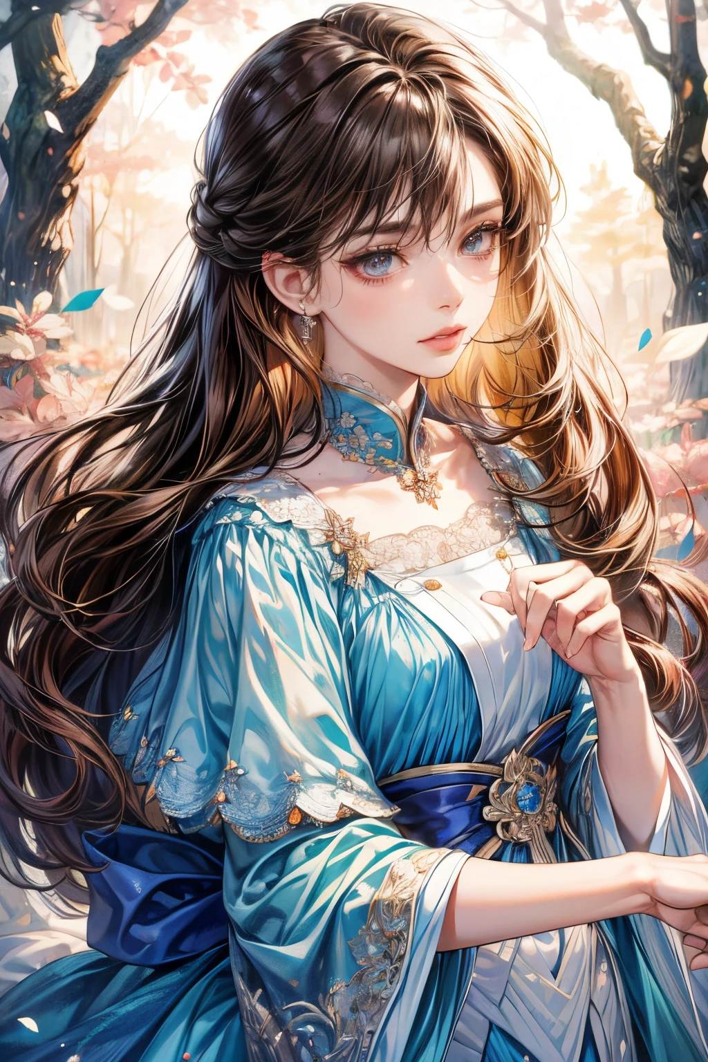 (Best quality:1.4), (tmasterpiece:1.4), 超高分辨率, 8K, CG, Exquisite, upper part of body, Solitude, Thumb girl,  princess, Blue taffeta court dress, forest backgrou, detailedfacialfeatures, Brown hair, almond eyes, Detailed eye makeup, Long eyelashes, Amber eyes and starry gaze, Delicate lip detailing, Soft and harmonious style