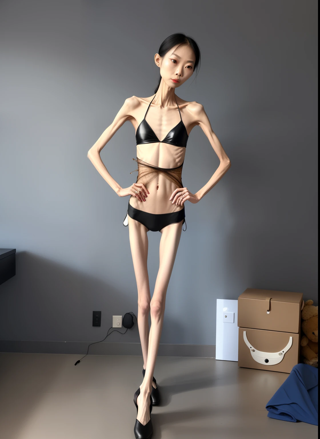 very thin woman,The body very thin,female sternum,Protruding sternum,The sternum distinct,The waist very thin,The ribs are noticeable,Protruding ribs,The pelvic protrusion very obvious,Clear outline of pelvis,The crotch protrudes,thin shoulde,The waist very thin,Sunken abdomen,Abdominal muscle atrophy,Delicate arms,arm muscle atrophy,slender thigh,Knees are obviously protruding,Ankle bulges,The ankle bones are obvious,The leg bones are obvious,leg muscle atrophy,anorexia,Wear tight leather pants,Wear slippers,Significant atrophy of dorsalis pedis muscles,Asia face,Haggard expression,weeping,Excessive weight loss,sunken face,Apply lipstick,Severe malnutrition,Body as thin as a skeleton