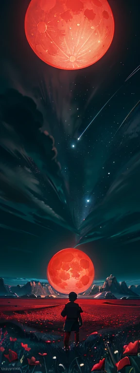 expansive landscape photography, (a view from below showing the sky above and the open field below view),( a magic circle on the sky 1.5), failing meteors, a boy standing in a field of flowers looking up at the sky , (full red moon: 1.2), complex details, volumetric lighting, realism BREAK (masterpiece: 1.2), (best quality), 4k, ultra-detailed, (dynamic composition: 1.4), highly detailed,