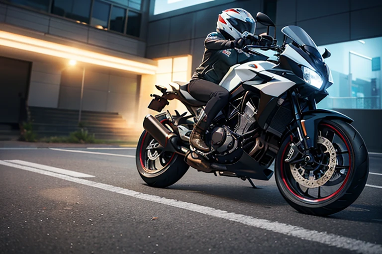 A light shines like an afterimage behind the motorcycle.