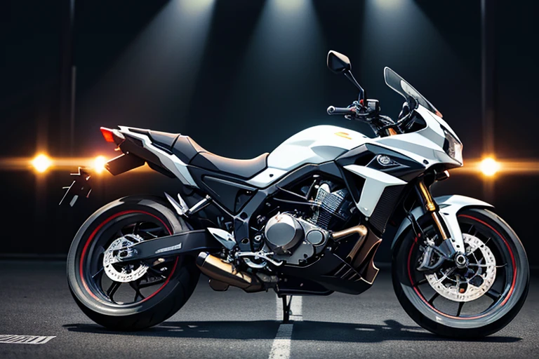 A light shines like an afterimage behind the motorcycle.