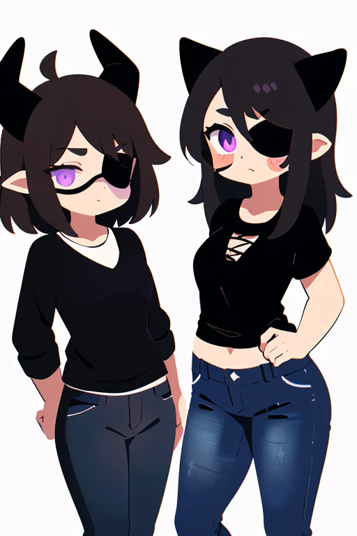 2 girls 1 girl has purple eyes and black hair and is wearing a black blouse and jeans 2The girl has brown hair, black horns and an eyepatch on her left eye and is dressed as a fur-bearer on the portal