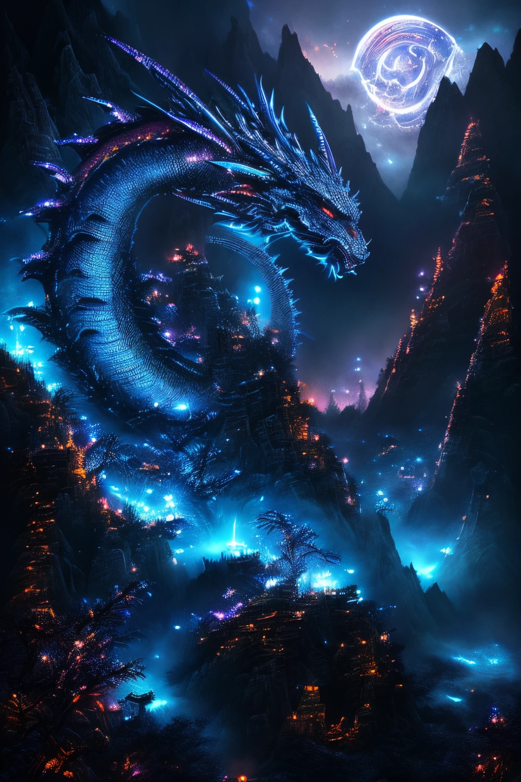 chinese dragon, majestic night, detailed scales, glowing eyes, swirling clouds, powerful presence, mystical aura, mystical artwork, traditional artistry, vivid colors, atmospheric lighting, ((night))