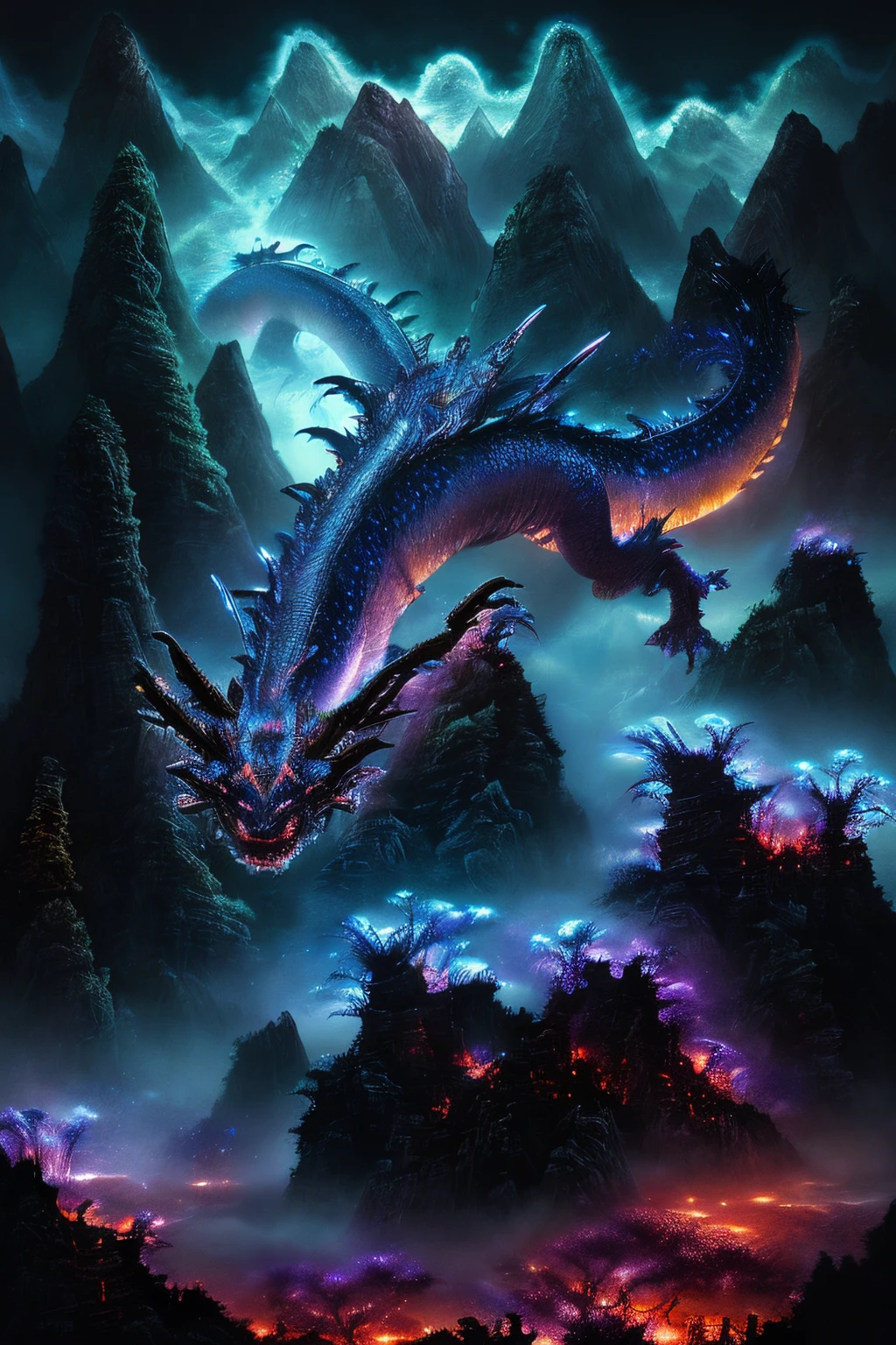 chinese dragon, majestic night, detailed scales, glowing eyes, swirling clouds, powerful presence, mystical aura, mystical artwork, traditional artistry, vivid colors, atmospheric lighting, ((night))