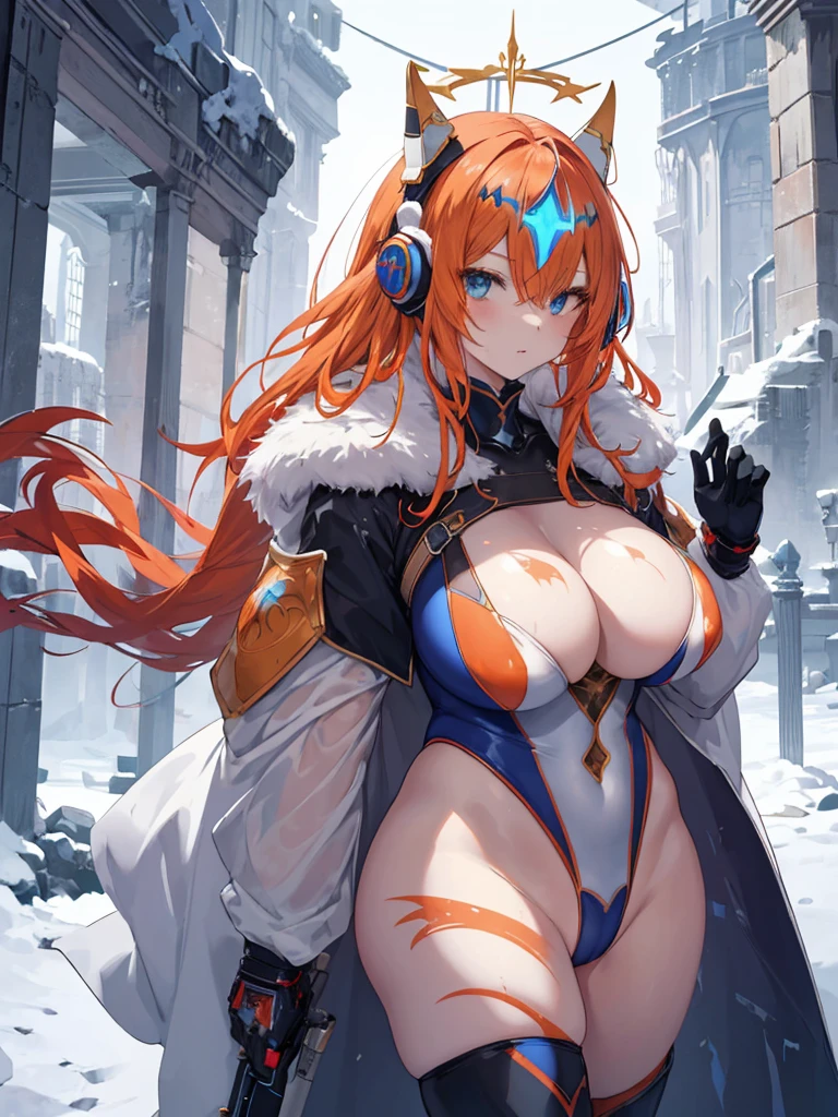 anime illustrated、cyberpunked、Fantasia、orange haired female knight、The long-haired、Body Paint、dirty white cloak、Explore the snow castle ruins Luck and gold costumes、Ethnic patterns、Red and blue two-tone innerwear、Leotard、1 persons、Colossal tits、Plump body、seminude