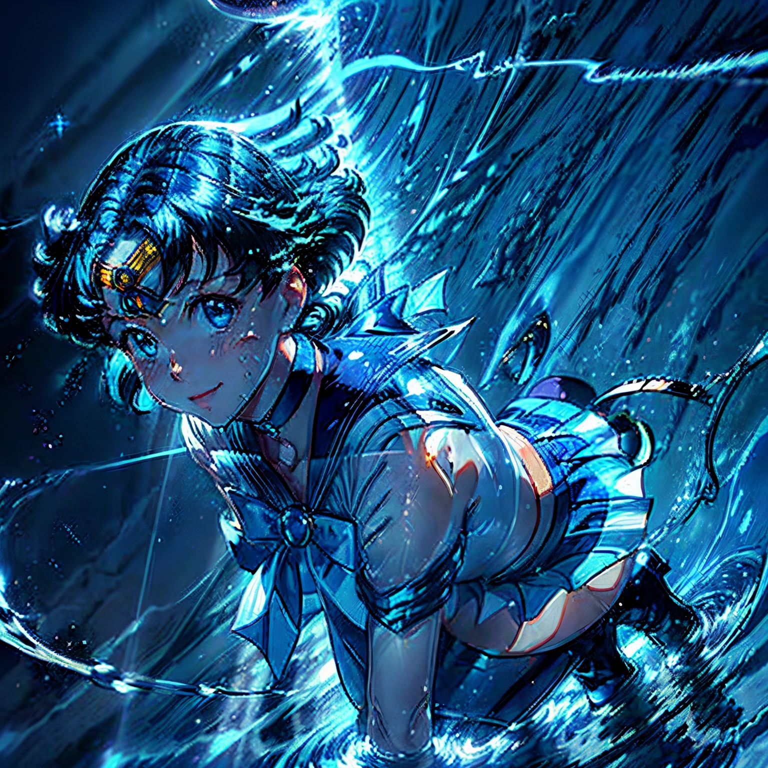 1girl,yellow spotlight, silhouette, (portrait of sailor mercury looking up slightly, smiling), mer1, tiara, knee boots, blue choker, blue sailor collar, cute girl, blue hair, elbow gloves, sailor senshi uniform, beautiful face, (determined face) , high quality, UHD, 8k detailed, detailed eyes, ((flowing water around her)) , motion lines, ((single beam of white light on her face)), (charging energy ball of water behind her) , Kamehameha , gusting winds, kneeling