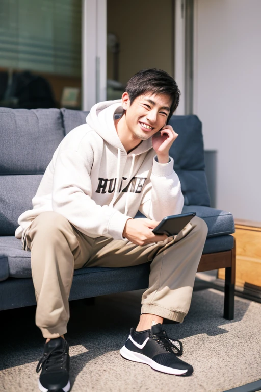 Handsome Japanese man looking at his smartphone and smiling,Full body portrait,I have a smartphone,wearing hoodies,sun burn,Comes in a futon