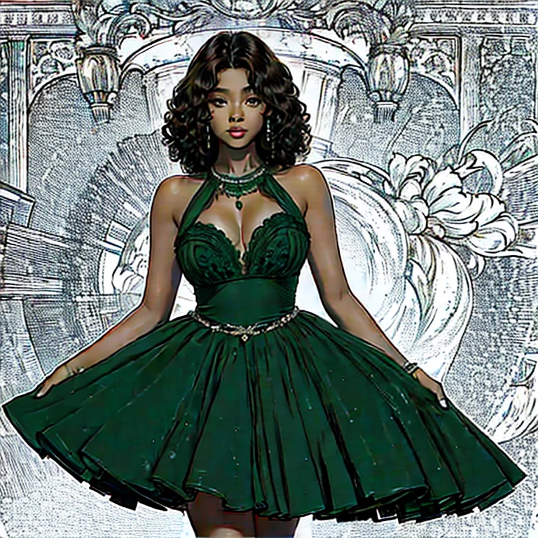 19 year old woman, dark skin, curly hair, breasts, Thick thighs ,green dress