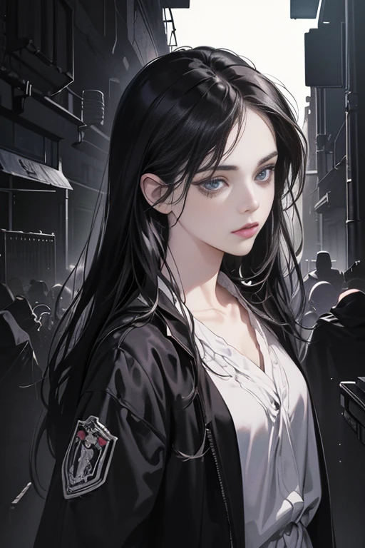 (bestquality, (masterpiece), (10, Realistic, digital illustration digital art details, 1:5 hrs, dark light), dark, chaotic environment, perfect face, Manhwa art, Anime style, a girl, 20 age, black hairr, Black eye (no expression), Fair-skinned, black and white clothes Magazine photoshoot , Camera angle from far away