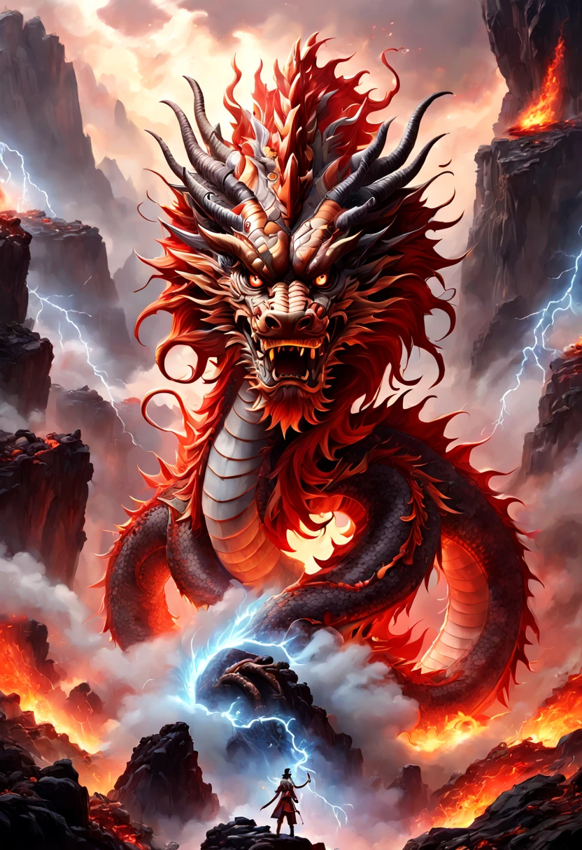 (Best quality,tmasterpiece, iintricate,hyper-detailing,8k ultra high definition,超高分辨率,Extremely detailed CG unified wallpaper) ,Great Wilderness East Meridian,Red Chinese dragon,Chinese dragon in volcanic lava,Surrounded by lightning,Stand on volcanic lava,The mountain very steep,strange rocks,safe,magma,dreamland wonderland、dream-like,Riding,Traditional Chinese elementplain myths and legends,Dappled light,Hazy haze,Mystic aura,tmasterpiece,k hd,many color,Detailed details,Seven colors