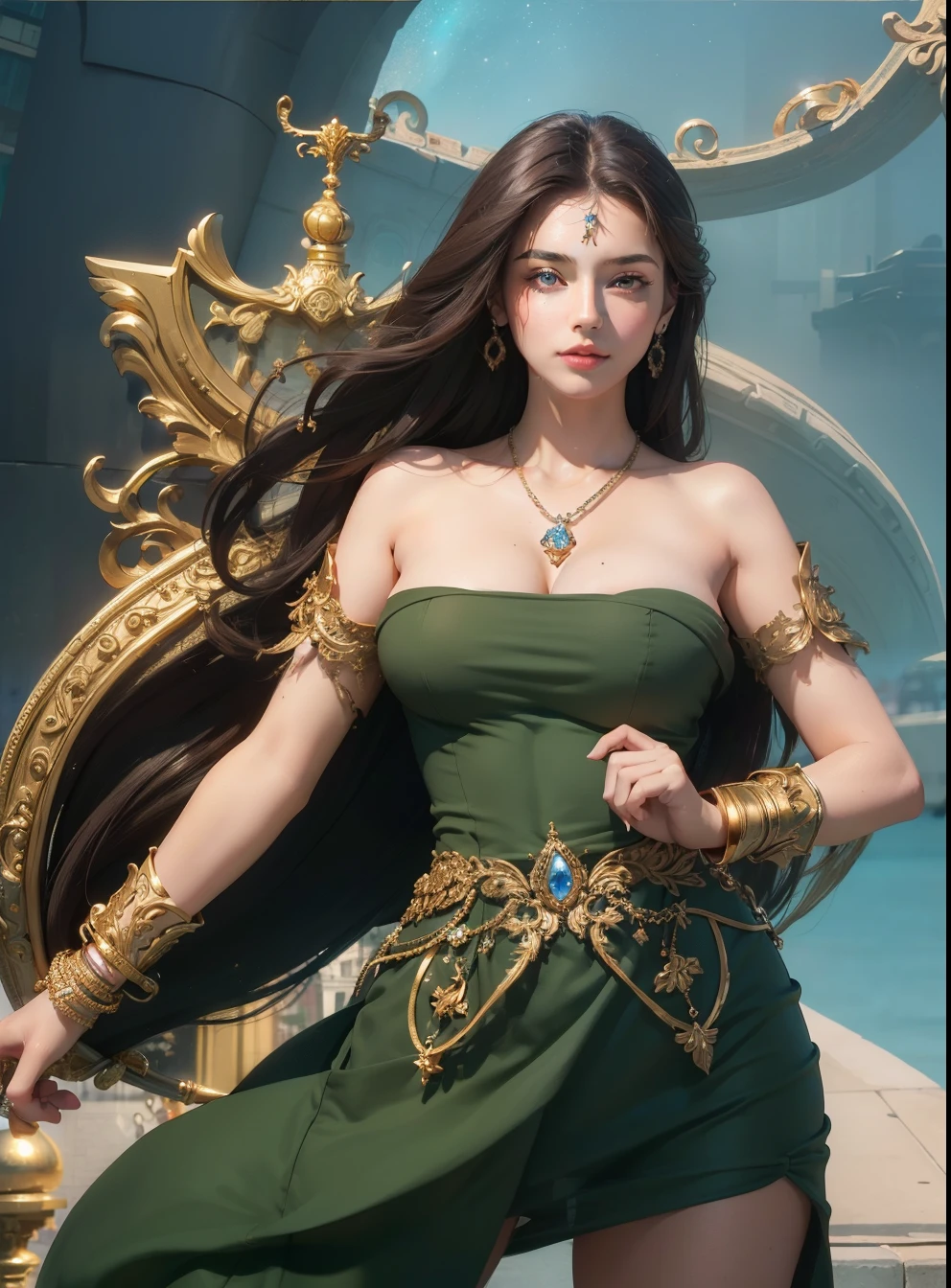 (Best quality, 8k, masterpiece: 1.3), a beautiful woman with perfect figure: 1.4, dark brown hair, wearing a pendant, highly detailed face and skin, detailed eyes, double eyelids, big breasts, at city.