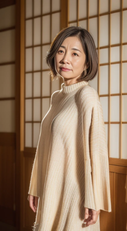 (((Japanese 60 year old mature woman))),top-quality, ​masterpiece, hight resolution, Photorealsitic, Raw photography, flawless, profetional lighting, ighly detailed, depth of fields,traditional Japanese room, (((60 year old))), (((Wrinkles on the face))),Nasolabial folds on the face,(((There are stains on the body))) chubby figure, Female sexy, Detailed face, beautidful eyes, bangss, sagging breasts, Straight light brown hair that reaches to the shoulders, Faint lips, ((stand facing forward、Staring at the viewer&#39;serious face eyes.)),(((Tunic sweater))),skirt by the, Knee removes foot from frame