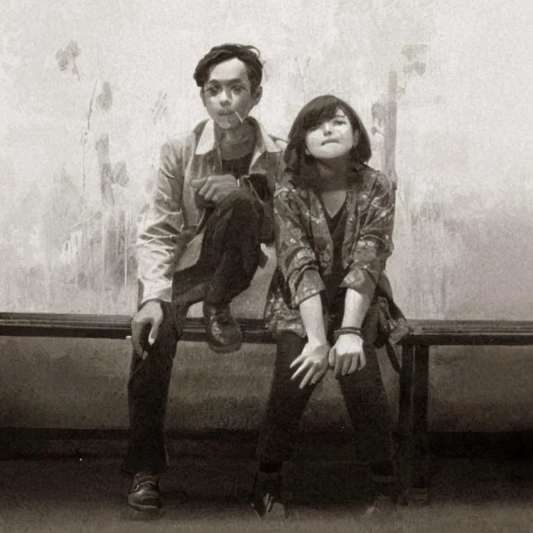 they are sitting on a bench in front of a wall, style of ade santora, grainy vintage, by Yosa Buson, oyasumi punpun, potrait, nostalgic 8k, couple, sepia, monochrome:-2, nostalgic, ruan jia and joao ruas, ruan jia and brom, yan, grainy monochrome photo
