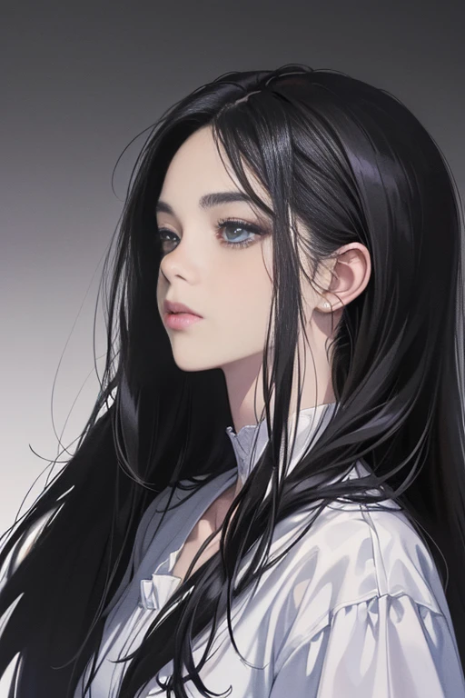 (bestquality, (masterpiece), (10, Realistic, digital illustration digital art details, 1:5 hrs, dark light), dark, beautiful environment, perfect face, Manhwa art, Anime style, a girl, 20 age, black hairr, Black eye (no expression), Fair-skinned, Black and white clothing magazine shoot , Camera angle from far away.