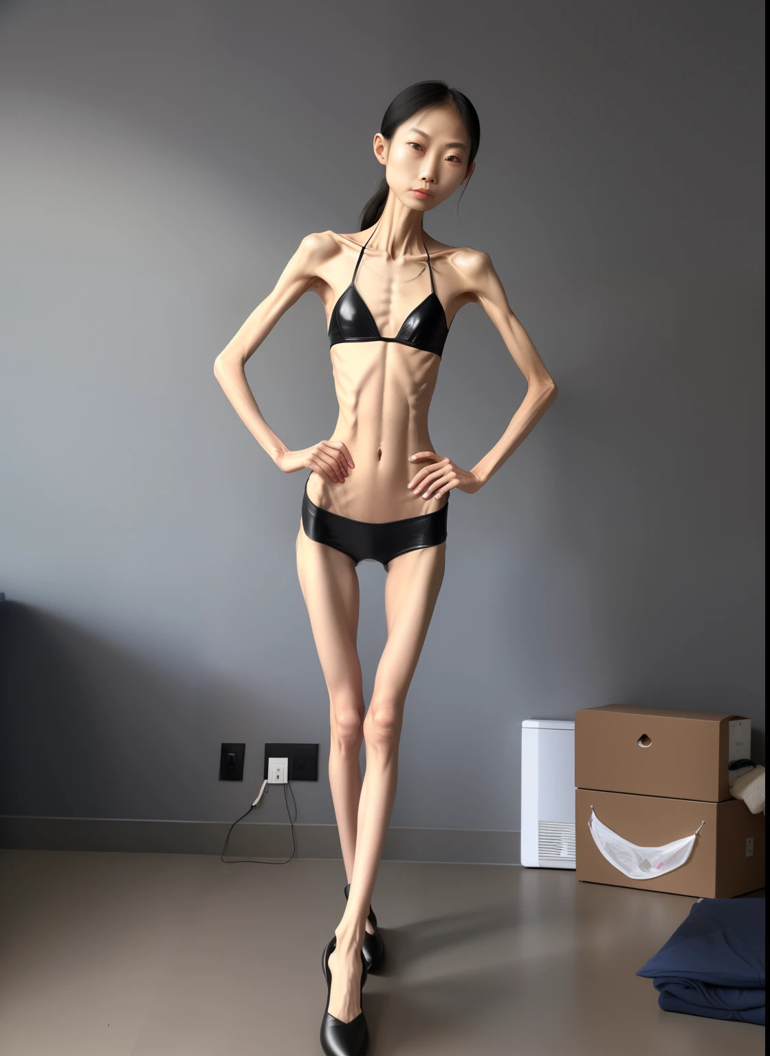 very thin woman,The body very thin,female sternum,Protruding sternum,The sternum distinct,The waist very thin,The ribs are noticeable,Protruding ribs,Protruding crotch,The pelvic protrusion very obvious,Clear outline of pelvis,The crotch protrudes,thin shoulde,The waist very thin,Sunken abdomen,Abdominal muscle atrophy,Delicate arms,arm muscle atrophy,The legs are thin and thin,slender thigh,Knees are obviously protruding,Ankle bulges,The ankle bones are obvious,The leg bones are obvious,leg muscle atrophy,anorexia,Wear tight leather pants,Wear slippers,Significant atrophy of dorsalis pedis muscles,Asia face,Haggard expression,weeping,Excessive weight loss,sunken face,Apply lipstick,Severe malnutrition,Body as thin as a skeleton