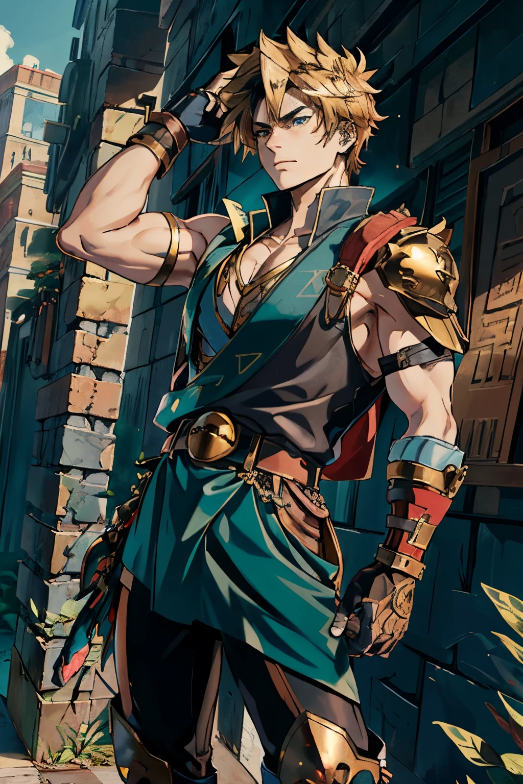 A wide angle full-length shot of Zepheus, Zepheus has a lean yet muscular warrior’s build, dirty blonde hair styled in a swept-back spiky manner partially covering one piercing blue-green eye, His fair olive skin tone contrasts with his hair, Defined facial features like jawline and cheekbones, His outfit features a combat dark blue-green tunic with gold embellishments and intricate patterns, Greek-style leather greaves and vambraces have steampunk-esque accents, Earth-toned fantasy boots are accented in bronze and copper, a metal wolf skull pauldron over one shoulder adds a touch of fantasy, Red colored trim details throughout the ensemble tie the look together and symbolize Zepheus’ connection to underworld deities and realms, his design reflects his unique heritage and conflicting loyalties, 4K, masterpiece, high details, 4K, cloud strife, shoulder armor, sleeveless turtleneck, suspenders, belt, baggy pants, gloves, bracer, boots, ZagreusHades, ootLink, hat, green tunic, belt, fingerless gloves, boots, weapon on back,