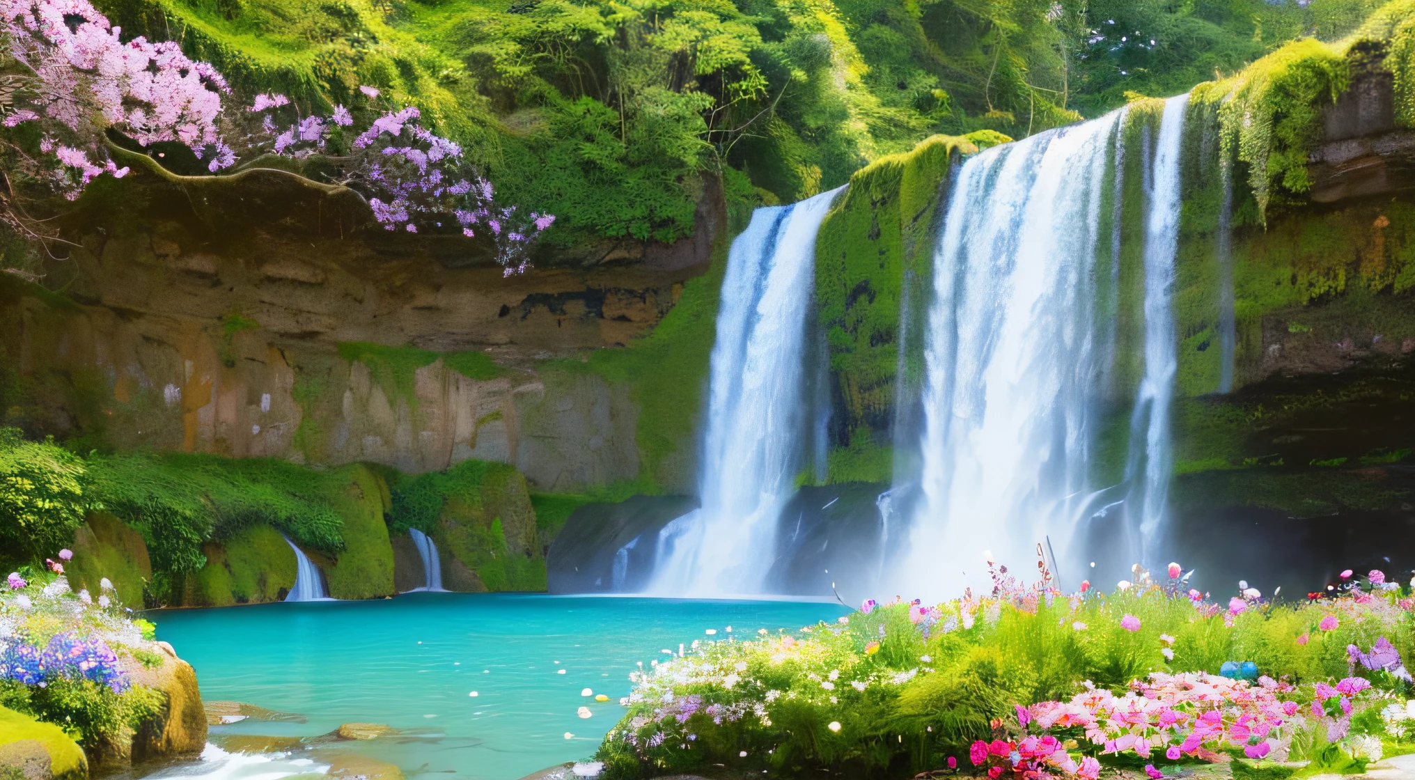 a close up of a majestic waterfall with a bunch of flowers in the foreground, flowers and waterfalls, beautiful waterfall, beautiful stunning waterfall, peaceful beautiful waterfall, beautiful nature, stunning waterfall, natural landscape beauty, scenic colorful environment, waterfall(beautiful, waterfall background, a beautiful landscape, beautiful natural background, really beautiful nature, beautiful landscape, beautiful scenic landscape, beautiful eden garden