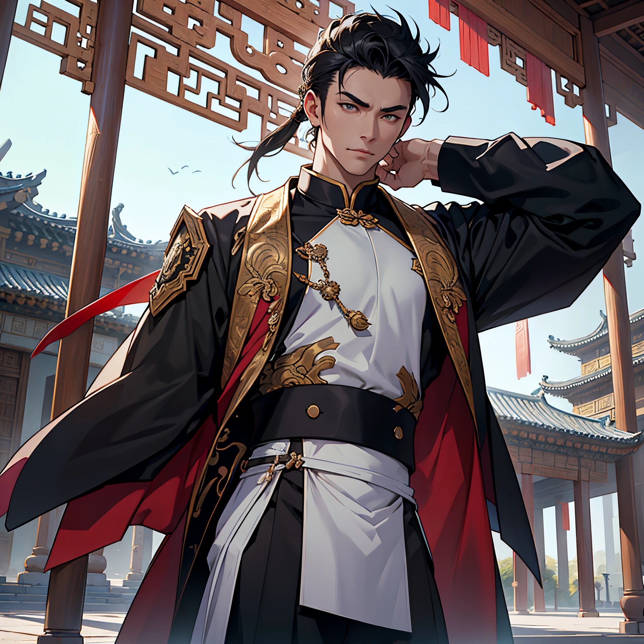 masterpiece, Best Quality, detailed, Cinematics, 4k, Background with:In front of a pavilion inside an ancient Chinese city, black & wearing white uniform and armor, Moorim'absolute boy warrior, Cool pose