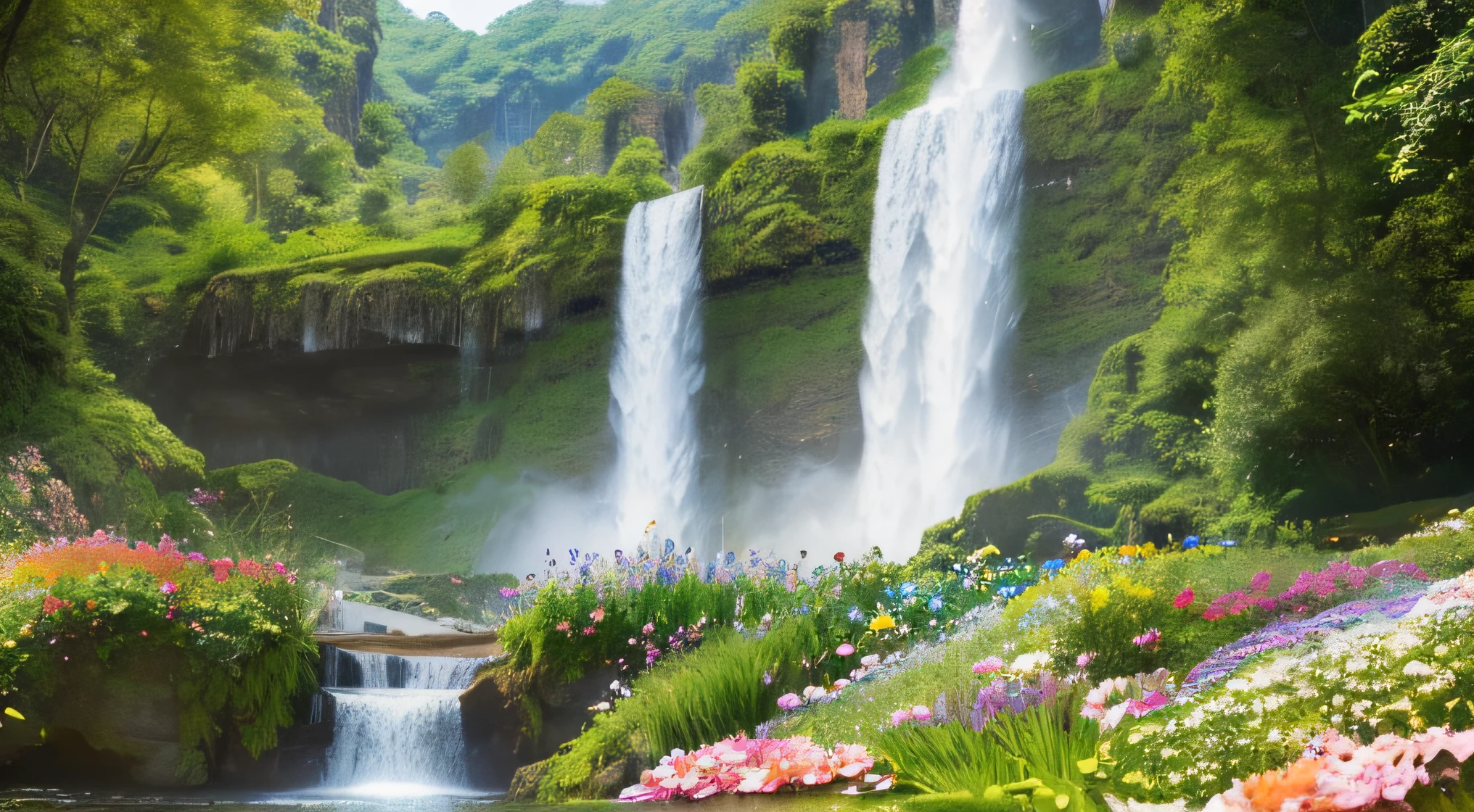 a close up of a majestic waterfall with a bunch of flowers in the foreground, flowers and waterfalls, beautiful waterfall, beautiful stunning waterfall, peaceful beautiful waterfall, beautiful nature, stunning waterfall, natural landscape beauty, scenic colorful environment, waterfall(beautiful, waterfall background, a beautiful landscape, beautiful natural background, really beautiful nature, beautiful landscape, beautiful scenic landscape, beautiful eden garden