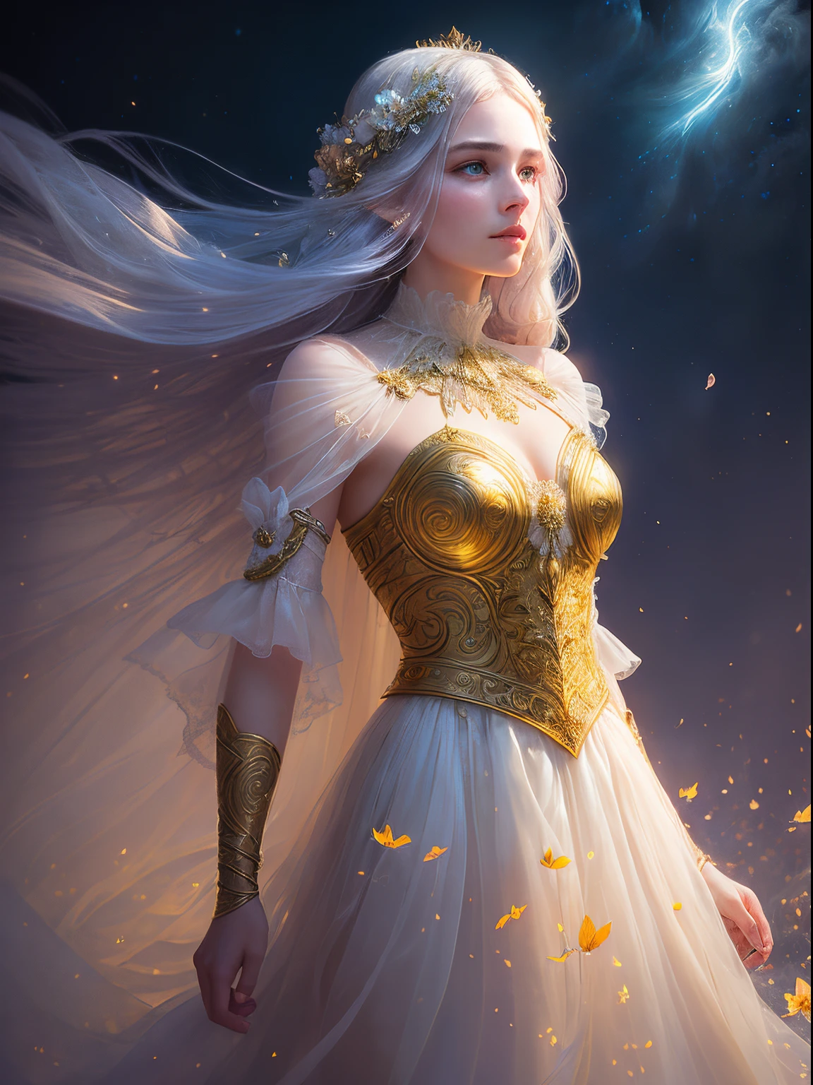 a woman as beautiful as a god,White complicated gauze skirt,fairytale-like,Complicated details,gold embroidery,Facing the shining golden light,intricate face details,Eyes slender and elegant,White gauze covers eyerunette color hair,Red lines between eyebrows,long hair fluttering,Exquisite hair accessories on head,Mask in hand,Heavy snow in the background,fog atmosphere,blurred petals in foreground , Fallen petals and scattered particleagia,Magic Smoke,delicated8K resolution, gothic debate art, (Violet+Transparent flowers),(Dark foreground like sparkling petals, magical light stream, Silver vapor surrounding the guardian cloud, 8K resolution, great visual enjoyment., Soft cinematic light, Light Lab, nffsw, reveal your dreams, intricate style. far distant woman in a bright glowing aura of light, ascension, UHD, by Aleksi Briclot and Alessio Albi and Alexandre Cabanel, unzoom
