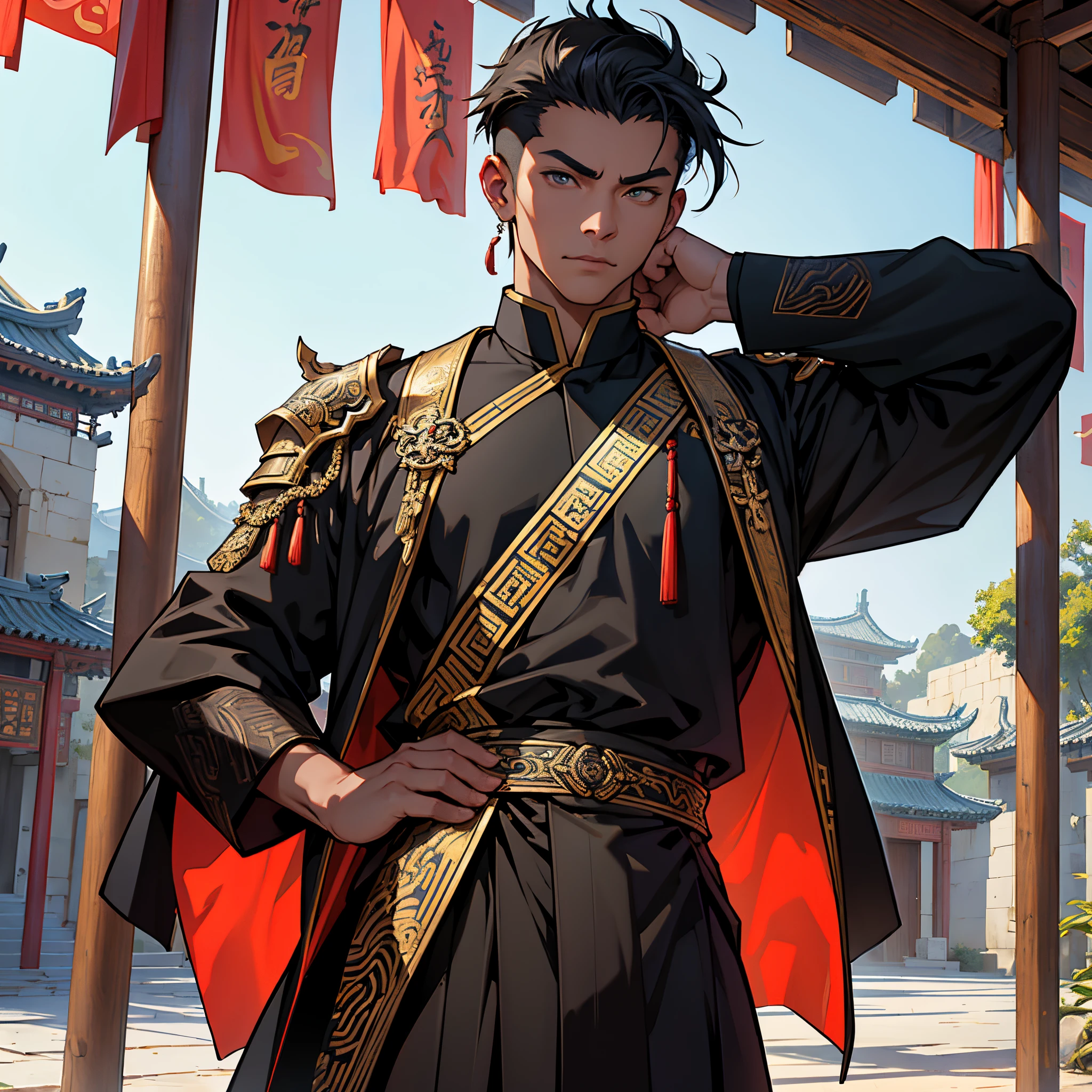 masterpiece, Best Quality, detailed, Cinematics, 4k, Background with:In front of a pavilion inside an ancient Chinese city, wearing black uniform and armor, Moorim’s absolute expertise(black boy warrior), Cool pose