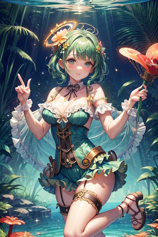 A young female guardian named Lina. She is petite with bright green hair, large eyes, and butterfly-like wings on her back. Lina is lively and vibrant. She holds a small magic wand and is surrounded by dancing particles of light :: --auto --s2