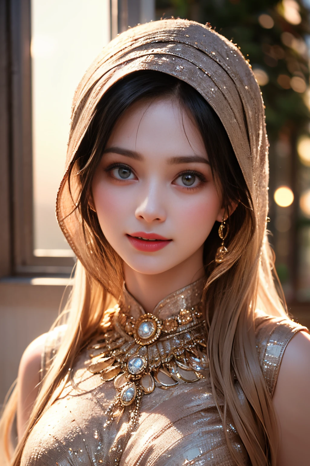 nsfw,Highest Quality, Highest image quality, RAW Photos, Realistic, Photorealsitic, ultra detailed and beautiful, highest details, 1young girls, good-looking, Beautiful fair skin and luster, Beautiful eyes are big and bright, Small mouth and thin lips, hijabi, Goodness of style and slenderneseautiful big breasts:1.3), She has a cheerful personality and a cute smile......, Natural makeup, Pearl Pin Cripantasy see-through costume with cute details and wide breasts:1.5), Cute little girl s, beautiful girl illuminated by seven colors of light, Irridescent color,