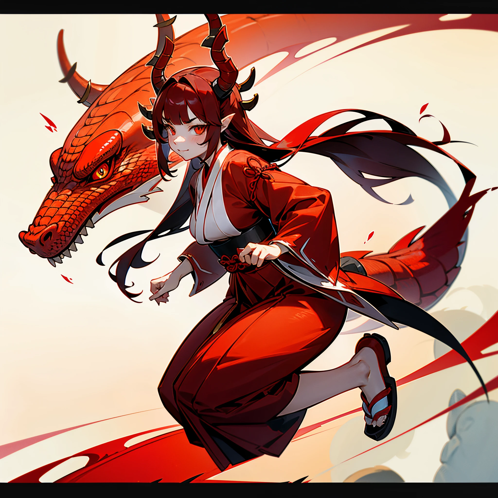  girl, dragon hybrid female, dragongirl, red dragon tail, red horns, red reptilian eyes, vibrant red cheeks, dark hair, red scales on face cheeks, wearing traditional japanese miko priestess clothes, full body portrait, has long dark hair, has a thin red dragon tail