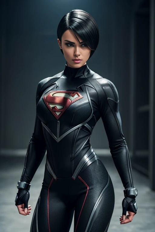 4k highly detailed realistic female superhero dressed in cropped carbon fiber, black short undercut bob hairstyle, hair covering one eye, ((sharp Jawline)), (full body Including Legs), Seduction and fantastic poses