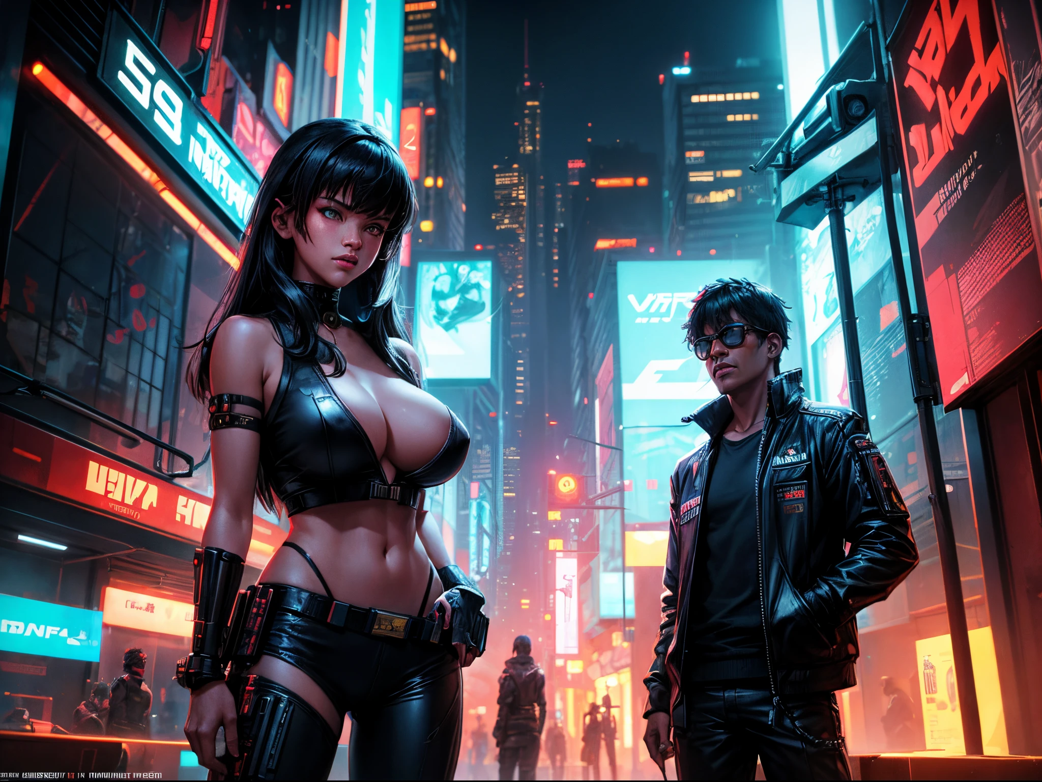 Imagine a cyberpunk universe where the crew of the Enterprise NCC-1701 navigates a gritty, neon-lit cityscape. Capture the cyberpunk vibe seen in the works of Syd Mead or Daniel Liang. enormous tits