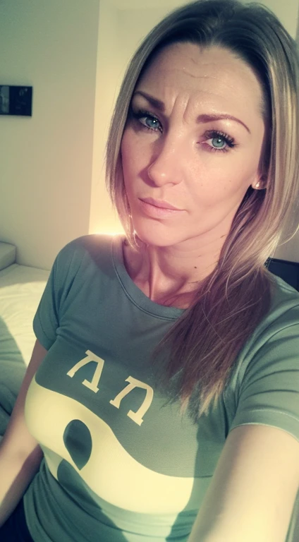 dressed, (photo realistic:1.4), (hyper realistic:1.4), (realistic:1.3), (smoother lighting:1.05), (increase cinematic lighting quality:0.9), 32K, 1woman,45yo woman, realistic lighting, backlighting, light on face, ray trace, (brightening light:1.2), (Increase quality:1.4), (best quality real texture skin:1.4), finely detailed grey green eyes, finely detailed face, finely quality eyes, (tired and sleepy and satisfied:0.0), face closeup, t-shirts, (Increase body line mood:1.1), (Increase skin texture beauty:1.1), large breasts, messy long blonde hair, accurate lora face