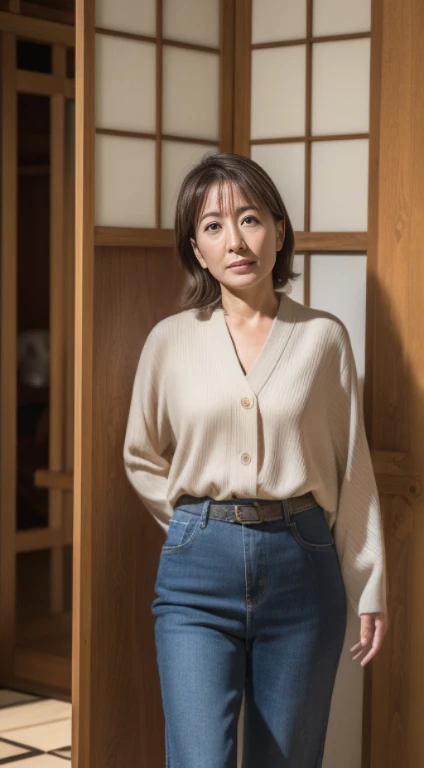 (((Japanese 38 year old mature woman))),top-quality, masterpiece, hight resolution, Photorealsitic, Raw photography, flawless, profetional lighting, ighly detailed, depth of fields,traditional Japanese room, (((60 year old))), (((Wrinkles on the face))),Nasolabial folds on the face,(((There are stains on the body))) chubby figure, Female sexy, Detailed face, beautidful eyes, bangss, sagging breasts, Straight light brown hair that reaches to the shoulders, Faint lips, ((stand facing forward、Staring at the viewer'serious face eyes.)),Brown coat,Long sleeveTThe shirt,Long skirt in jeans, Knee removes foot from frame
