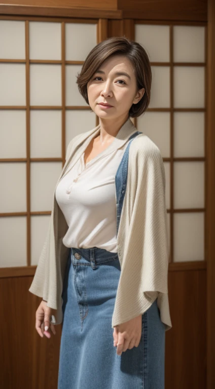 (((Japanese 38 year old mature woman))),top-quality, masterpiece, hight resolution, Photorealsitic, Raw photography, flawless, profetional lighting, ighly detailed, depth of fields,traditional Japanese room, (((60 year old))), (((Wrinkles on the face))),Nasolabial folds on the face,(((There are stains on the body))) chubby figure, Female sexy, Detailed face, beautidful eyes, bangss, sagging breasts, Straight light brown hair that reaches to the shoulders, Faint lips, ((stand facing forward、Staring at the viewer'serious face eyes.)),Brown coat,Long sleeveTThe shirt,Long skirt in jeans, Knee removes foot from frame