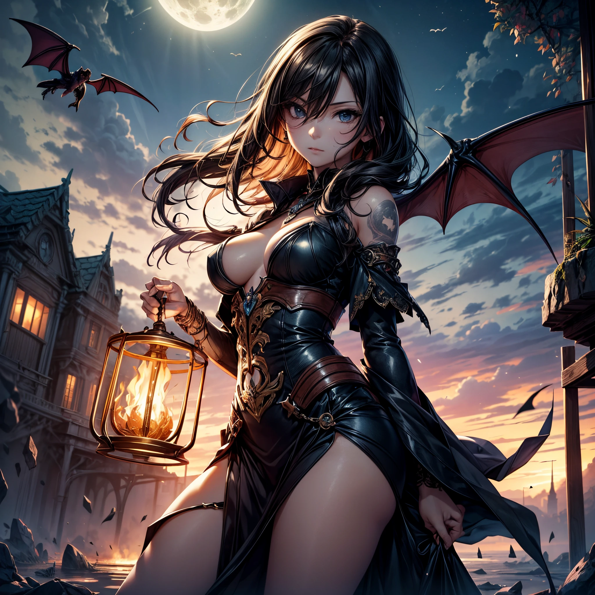 ((best quality)), ((masterpiece)), (detailed), realistic eyes, black hair, black leather outfit, armor, evil landscape, alluring female witch, BREAK ethereal beauty, sitting on a dead tree, (fantasy illustration:1.3), enchanting gaze, captivating pose, solo girl, otherworldly charm, mystical sky, BREAK (Luis Royo:1.2), (Yoshitaka Amano:1.1), moonlit night, soft colors, (detailed cloudscape:1.3), (high-resolution:1.2), (bats flying in the sky in the background),bat, thong, BREAK legs dangling above lava, evil goddess, realistic, realism, , glowing torches, long leges, skinny , perfect exposed boobs, tattoos