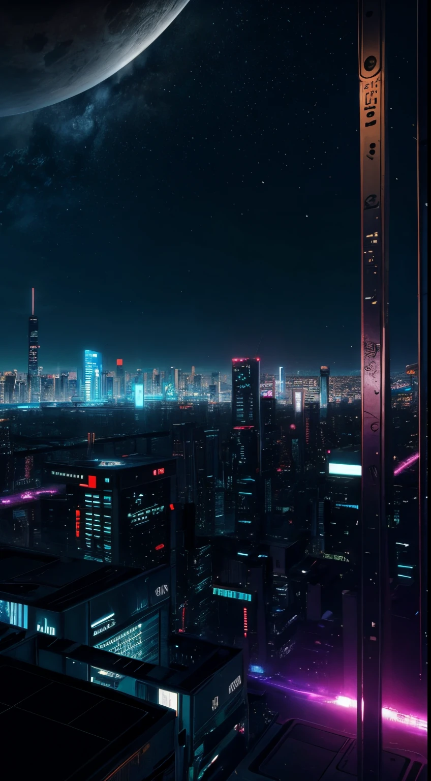 Night sky in a cyberpunk city, visible planets