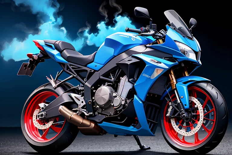 A motorcycle is engulfed in blue flames