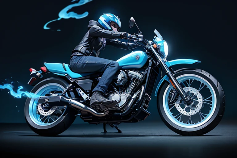 A motorcycle is engulfed in blue flames