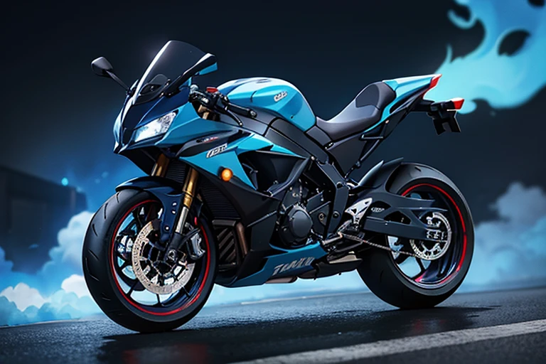 A motorcycle is engulfed in blue flames