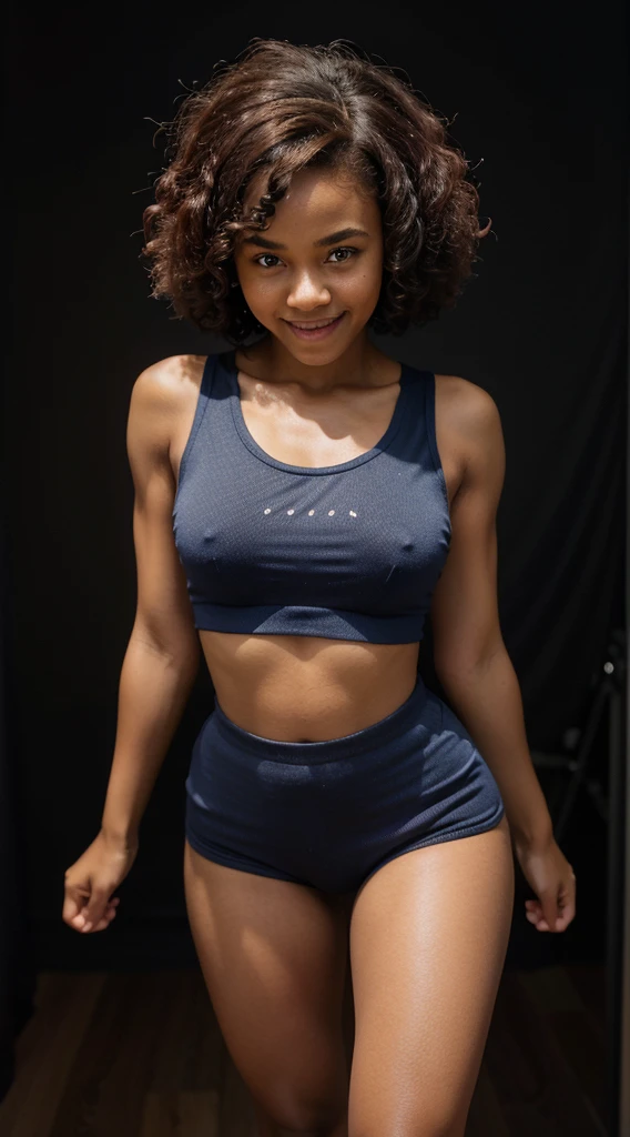 Black girl, contagious smile, round face, 1.50 tall, , curly maroon hair, blue eyes, perfect breasts, perfect butt, toned legs. Clothing: short t-shirt, tight shorts and sneakers. Confident pose with a delicate personality, with a black background.