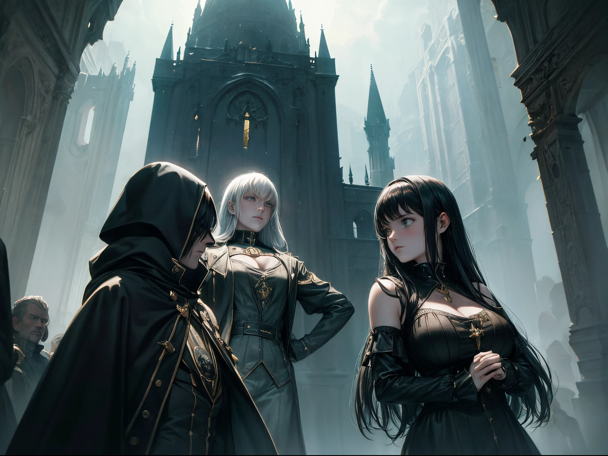 Infuse a gothic and dramatic atmosphere into the scene, portraying the crew of the Enterprise NCC-1701 in a mysterious and cosmic setting. Reference the gothic art of Caspar David Friedrich or Francisco Goya. enormous tits