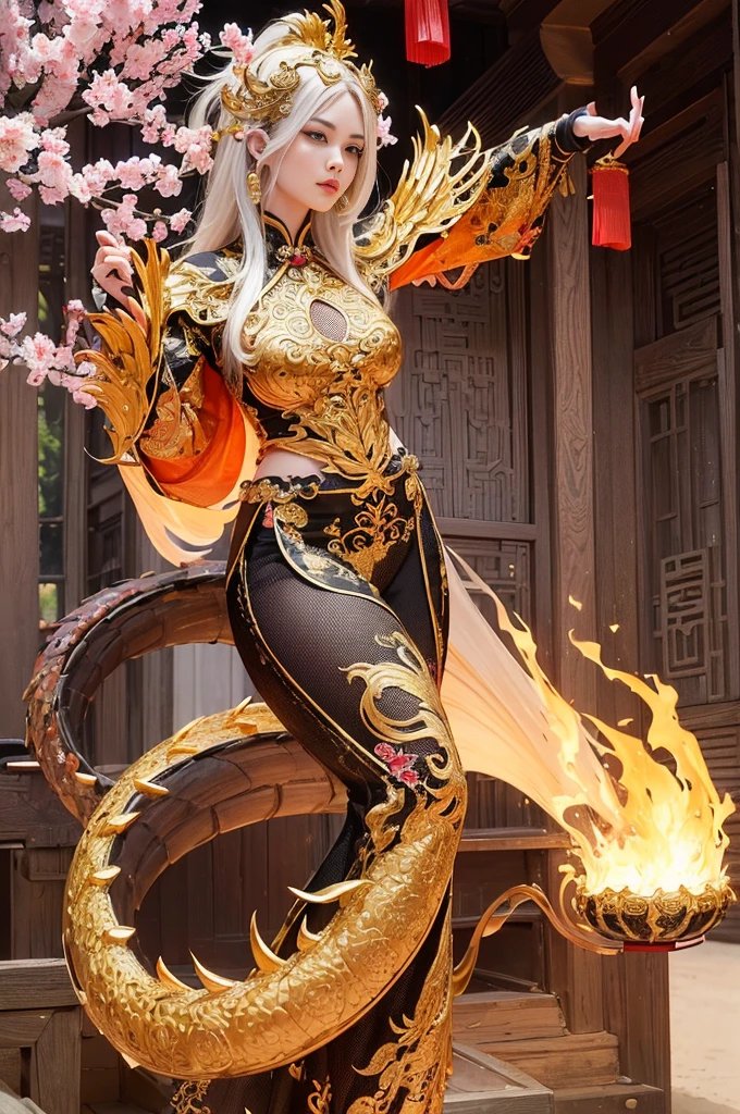 (best quality,4k,8k,highres,masterpiece:1.2),ultra-detailed,(realistic,photorealistic,photo-realistic:1.37),golden chinese dragon,shimmering scales, fiery eyes, majestic wings,powerful presence,ancient creature,colorful,mythical beast,scaly body,serpent-like neck and tail,lunar pattern on its back,glimmering in the sunlight,auspicious symbol in Chinese culture,embodying power and prosperity,grandeur and elegance in its every move,roaming through a vibrant Chinese garden,twisting and turning in a graceful dance,floating among cherry blossoms,lotus flowers and bamboo trees,breathing fire with sparks flying,bringing luck and good fortune to all who behold its magnificence,traditional art form,fine lines and intricate details,depicting every scale and curve precisely,rich texture and depth,showcasing the craftsmanship of the artist,blending the traditional with the modern,creating a fusion of cultures and aesthetics,a masterpiece that captures the essence of Chinese mythology and art,immortalizing the dragon in a timeless work of art.