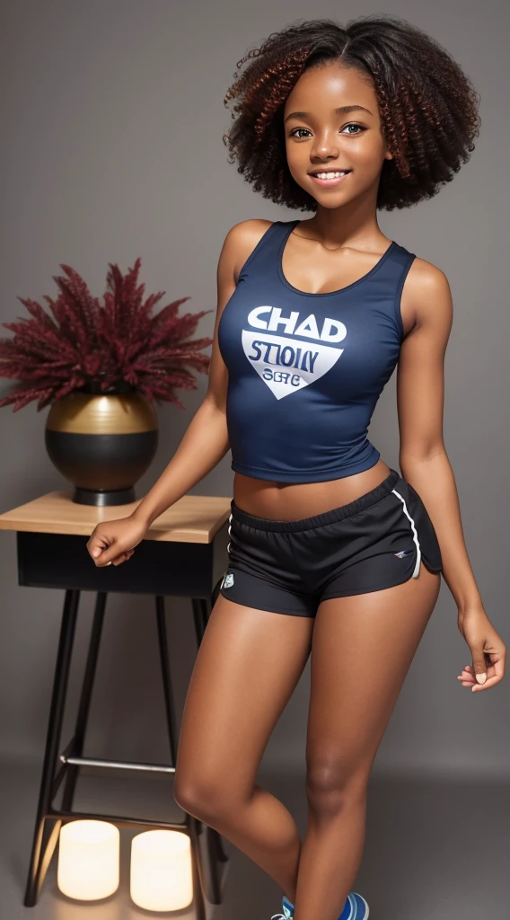 Black girl, contagious smile, round face, 1.50 tall, , curly maroon hair, blue eyes, perfect breasts, perfect butt, toned legs. Clothing: short t-shirt, tight shorts and sneakers. Confident pose with a delicate personality, with a black background.