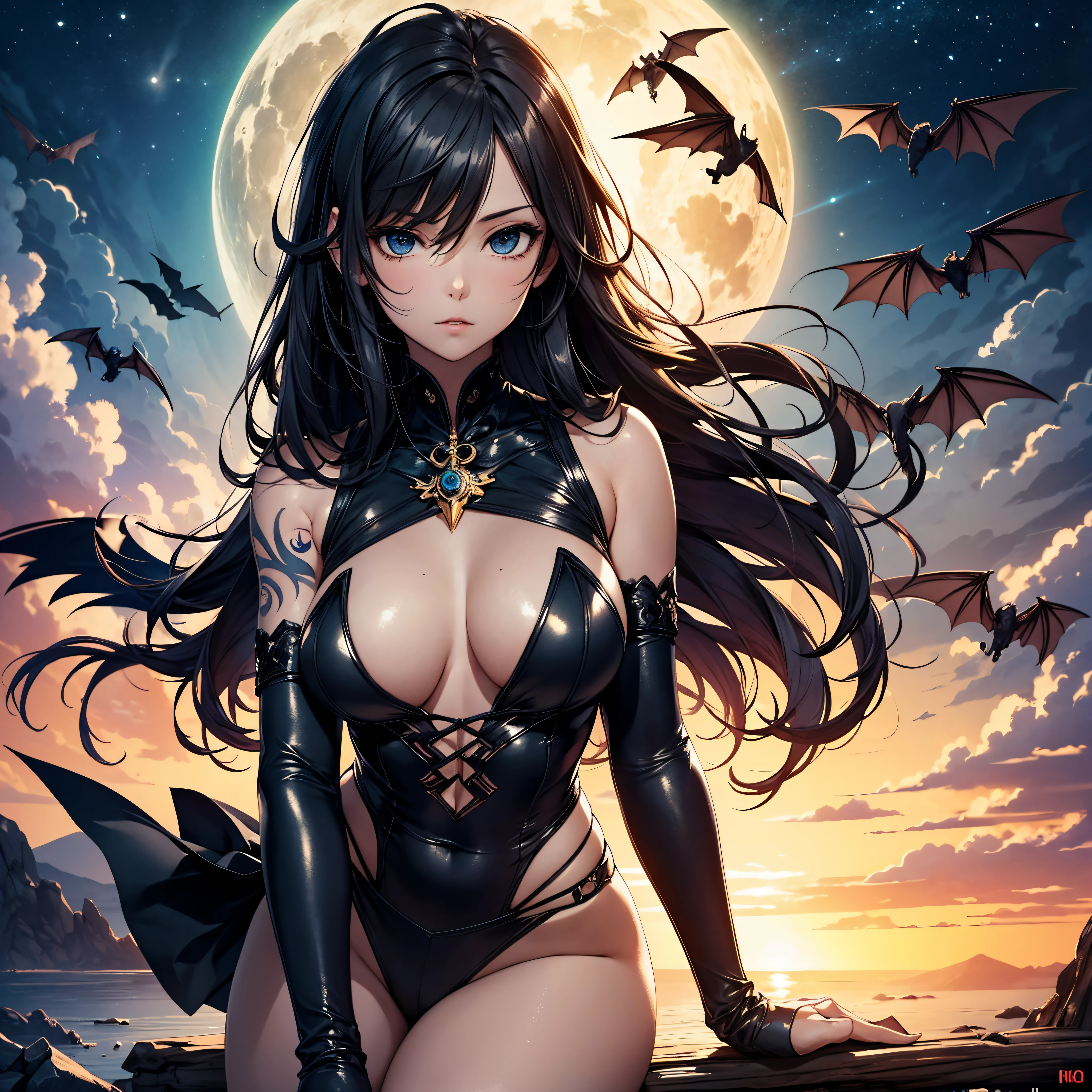 ((best quality)), ((masterpiece)), (detailed), realistic eyes, black hair, black leather outfit, armor, evil landscape, alluring female witch, BREAK ethereal beauty, sitting on a dead tree, (fantasy illustration:1.3), enchanting gaze, captivating pose, solo girl, otherworldly charm, mystical sky, BREAK (Luis Royo:1.2), (Yoshitaka Amano:1.1), moonlit night, soft colors, (detailed cloudscape:1.3), (high-resolution:1.2), (bats flying in the sky in the background),bat, thong, BREAK legs dangling above lava, evil goddess, realistic, realism, , glowing torches, long leges, skinny , perfect exposed boobs, tattoos