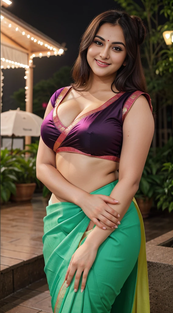 Jaya Prada 26 years old beautiful different face cute sexy Indian girl, curvy figure, beautiful different colorful covered blouse design Banarasi design saree, big m-cup tight breast, different bun hairstyle, bright eyes, thin eyebrows, fair skin, blushing cheeks, head to thigh view, smiling face, Kamasutra expression, Straight front view standing beautiful different meri Christmas village background, ultra realistic, head to thigh view, black hair, Provocative eye Contact, glossy lips, raining night weather, attractive eye contract face