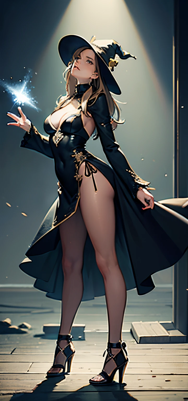 ((masterpiece, photorealistic 1.4 UHD)), 200 year old witch, casting magic spells, standing, turned away from viewer 30 degree to left, left hand on side of the body bent from elbow such that holding spell in the hand, right hand running down side of the body holding spell, light shining in both hands
