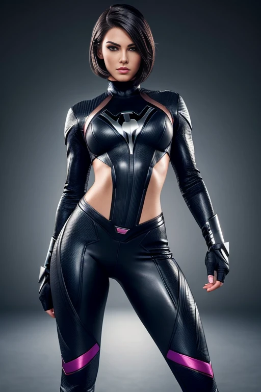 4k highly detailed realistic female superhero dressed in cropped carbon fiber, ombre hair in a short undercut bob hairstyle, hair covering one eye, ((sharp Jawline)), (full body Including Legs), Seduction and fantastic poses