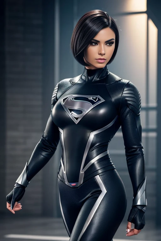 4k highly detailed realistic female superhero dressed in cropped carbon fiber, ombre hair in a short undercut bob hairstyle, hair covering one eye, ((sharp Jawline)), (full body Including Legs), Seduction and fantastic poses