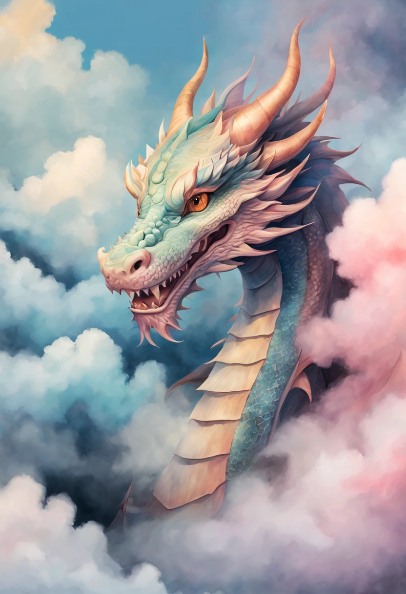 Just paint a cuter dragon's head oversized wall art blank cute dragon( The body in the clouds and mist)Watercolor Painting Large Living Room Wall Art Print Large Canvas Art. Horizontal wall art (Chinese painting dragon pastel ink painting.leave a big blank)artistic décor, concept-art, 𝓡𝓸𝓶𝓪𝓷𝓽𝓲𝓬, with light glowing, ray traycing, contours, Vignetting wide angle lens, hyper HD, Anatomically correct,